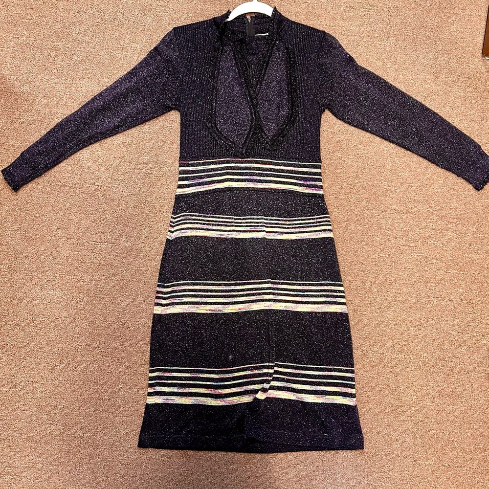 Vintage 1970s Wenjilli Lurex Knit Midi Dress with Stripes XS Stretchy RARE